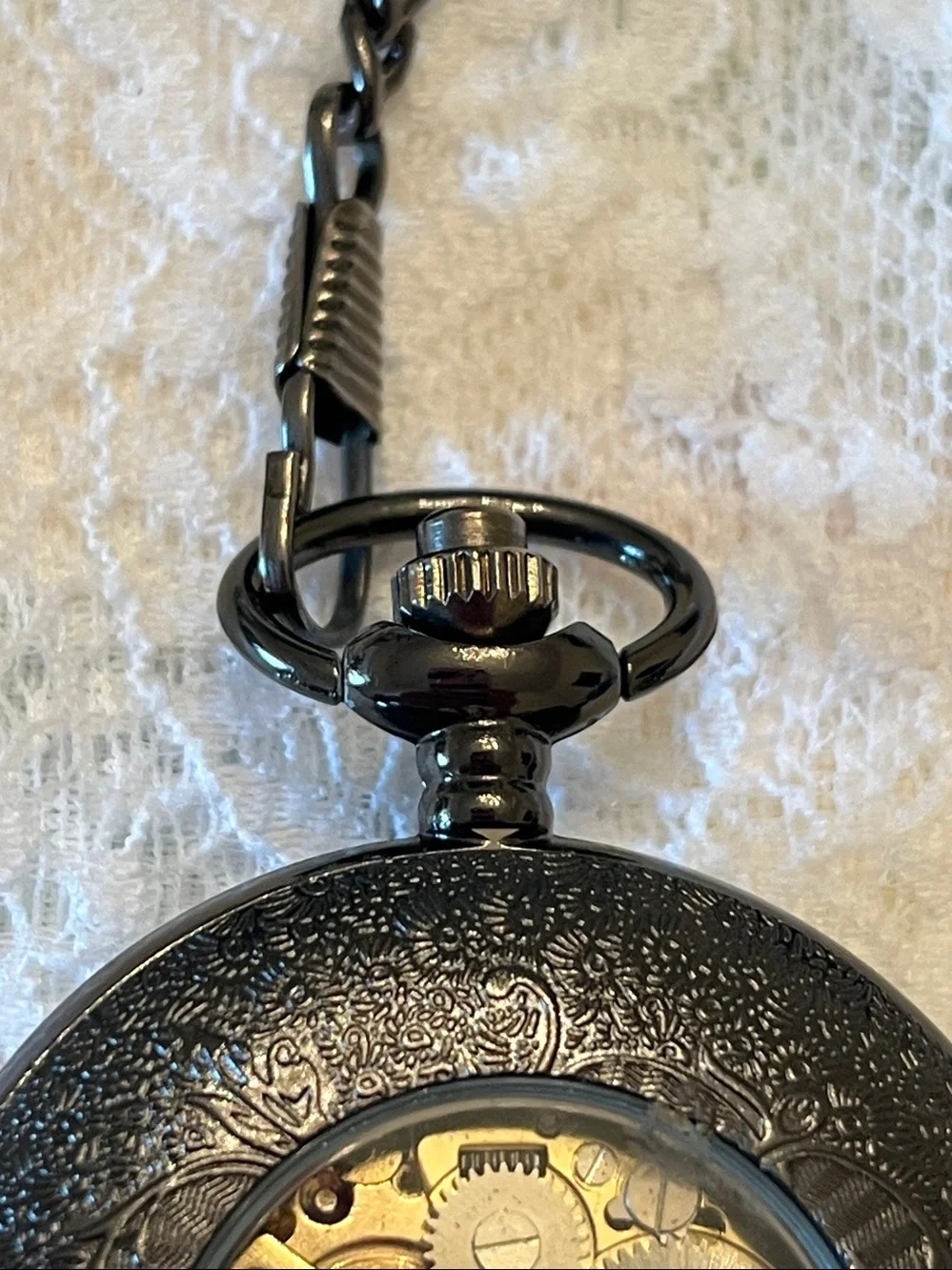 Steampunk Skeleton Pocket Watch - Black Roman Dial